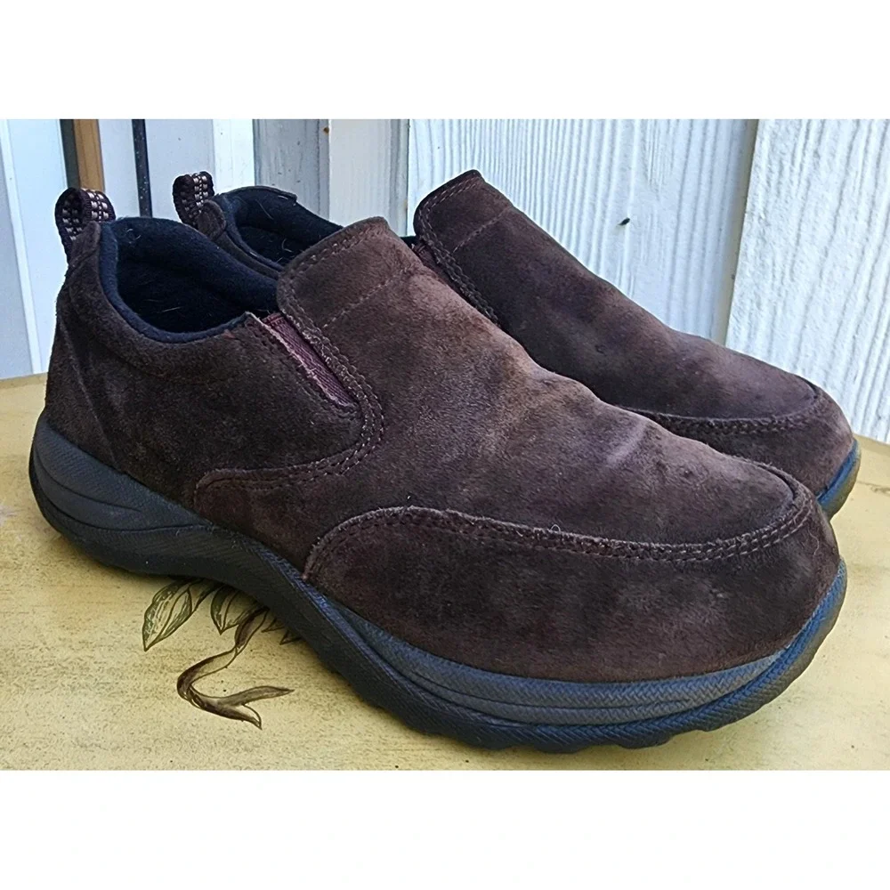 LL Bean US 7 Wide‎ Brown Suede Comfort Slip On Walking Casual Shoes Minimalist